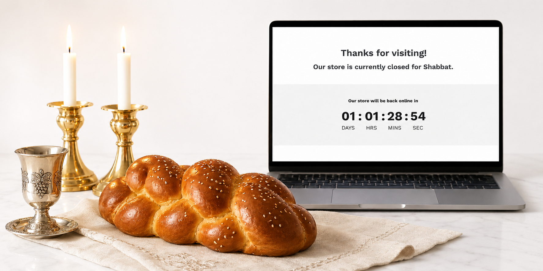 Laptop displaying Shabbat Mode store closure page with countdown timer, alongside lit Shabbat candles and challah bread